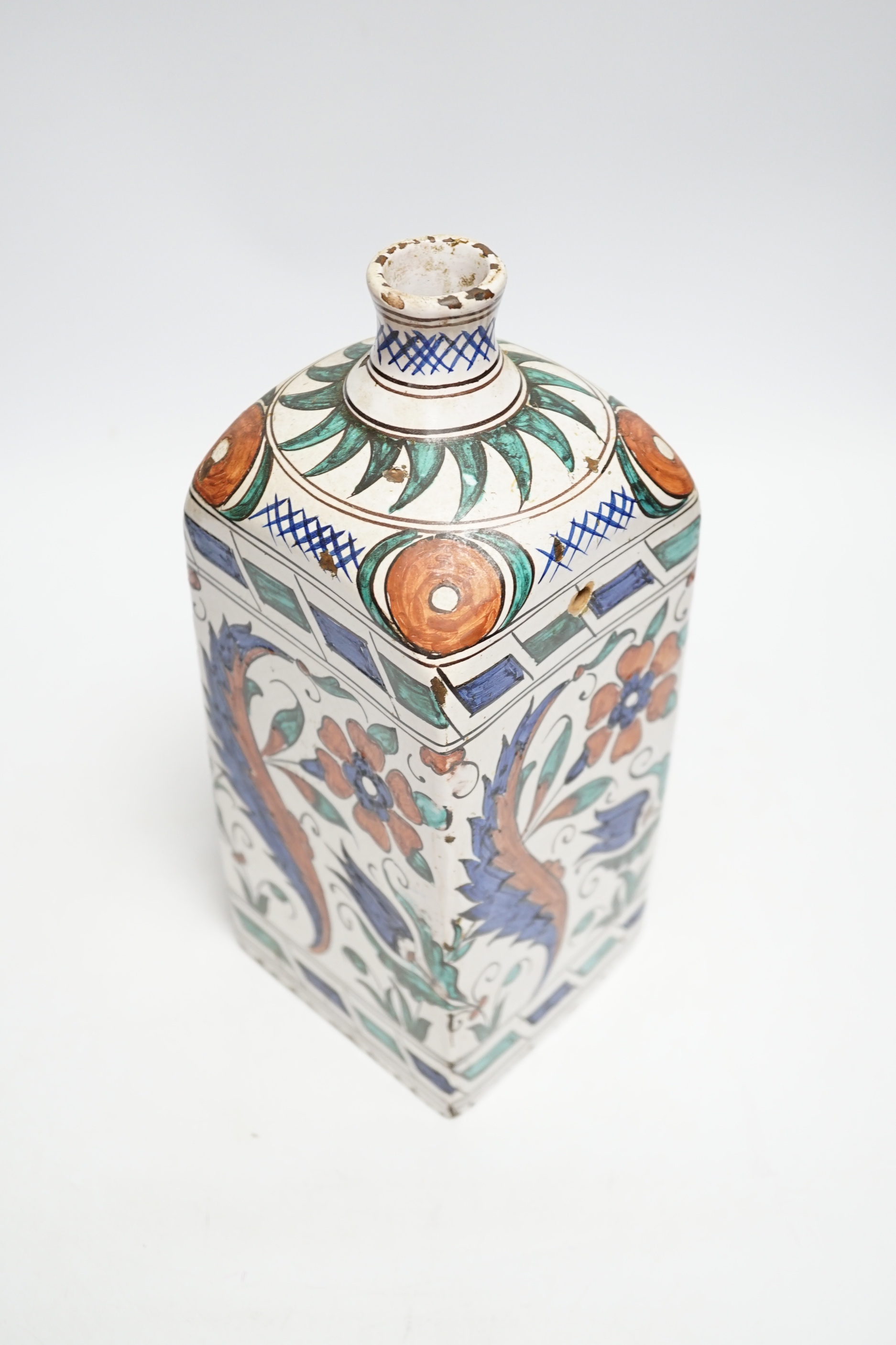 An Iznik style tin glazed flask, 28cm